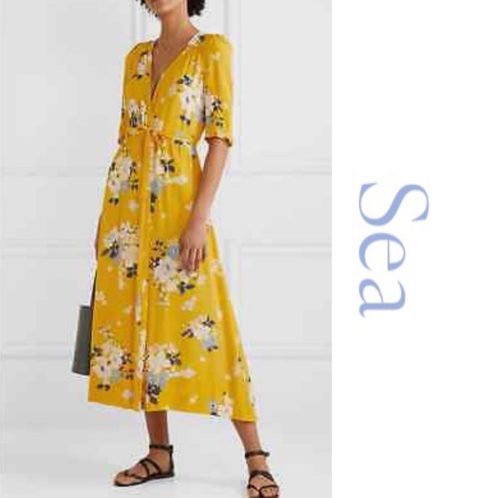 Sea Yellow Pia Floral Crepe de Chine Wrap Dress - Size 4